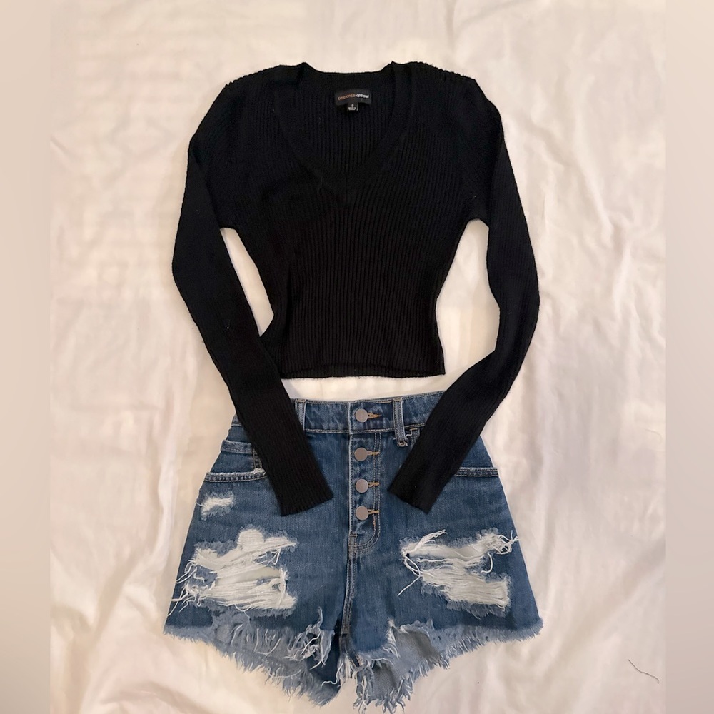 Black V Neck Ribbed Crop Top Long Sleeve Size Small